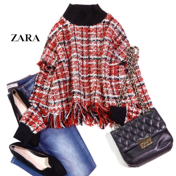 ZARA Multi-Colored Red Black White Tweed Fringe Mock Neck Crop Party Sweater XS - Picture 9 of 11